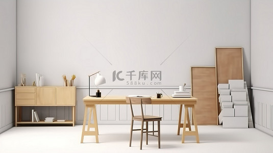 室内设计教室 3d 渲染与书桌和白色屏幕模型