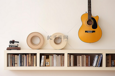 一张黑胶唱片和一把吉他，架子上还有黑胶唱片