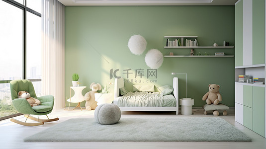 当代浅绿色托儿所的 3D 渲染，配有白色床桌和毛茸茸的地毯