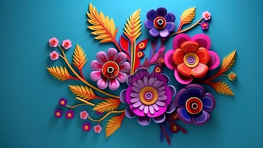 带有民间艺术花卉装饰的 3d 渲染植物贺卡