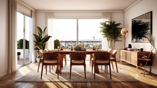 餐厅背景图片_家庭或公寓中布置精美的餐厅的 3D 渲染