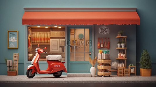 食品商店背景图片_电子商务概念的便利店和滑板车送货服务的 3D 插图