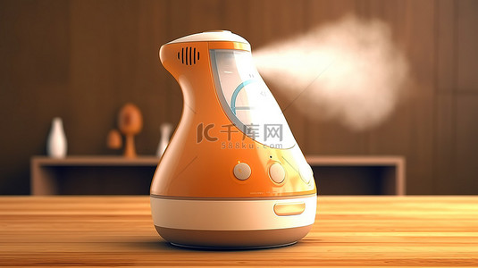 时尚的蒸汽挂烫机展示在以 3D 形式呈现的质朴木桌上
