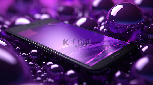 手机展示背景图片_紫色手机和球体的特写 3D 插图