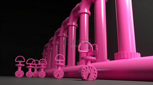 石油化工背景图片_带粉红色阀门和气瓶的钢制天然气管道 3d 渲染显示天然气价格上涨