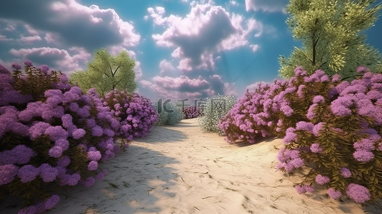 阳光明媚的夏日沙质小路丁香灌木和 3d 多云的天空上充满活力的花园
