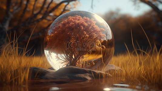 关闭在一个玻璃球内的抽象单秋树的 3d 渲染，该玻璃球放置在长草丛中的河岸上