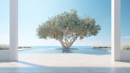 从豪华的白宫泳池甲板观看壮观的海洋和树木风景 3D 建筑设计插画