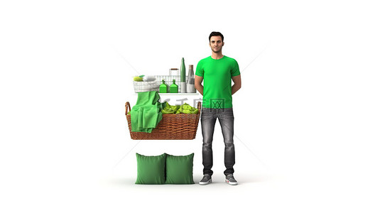 无品牌绿色 T 恤的购物者站在一篮子旁边，篮子里装满了商品，这些商品隔离在 3D 渲染的干净白色背景上