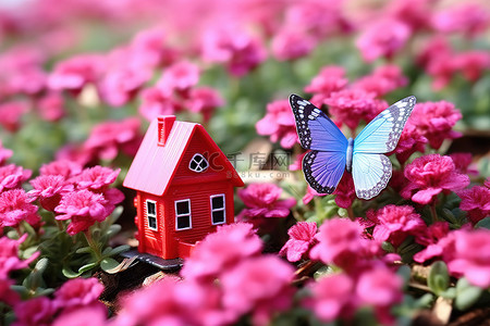 红色的房子和红色花坛里的蓝色蝴蝶