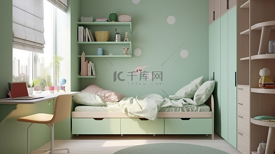 狭窄儿童房的时尚现代 3D 渲染，配有浅绿色床和衣柜