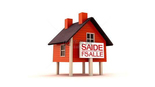 房屋出租牌背景图片_白色背景房地产标志，以 3D 渲染创建的待售房屋为特色