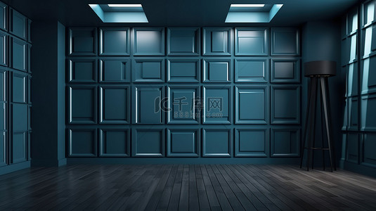 蓝色光墙背景与 3D 渲染中的深色面板装饰