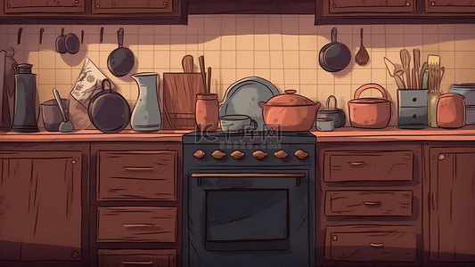 厨具用品背景图片_厨房褐色柜子实木褐色卡通