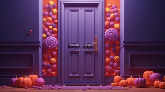 可怕的背景图片_不给糖就捣蛋 3d 渲染的卡通糖果和万圣节背景上的门概念