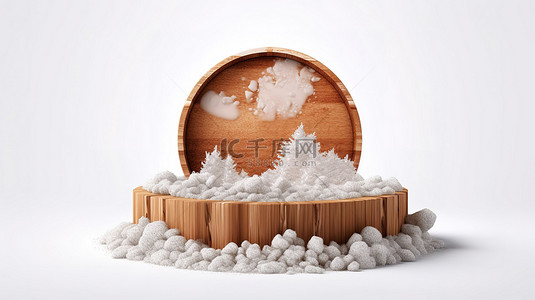 雪地背景图片_圆形雪覆盖的土壤与木横幅在白色背景 3d 插图隔离