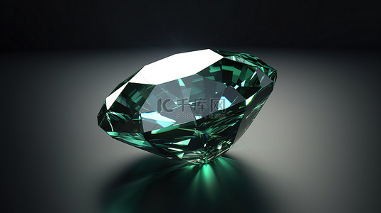3D 渲染中，闪闪发光的祖母绿钻石镶嵌在光滑的灰色背景下