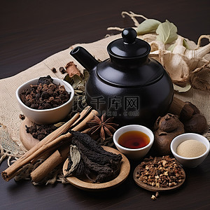 茶壶旁边展示了一些茶草和香料