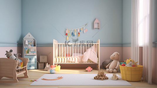 玩具地板背景图片_3d 渲染的婴儿床和玩具托儿所