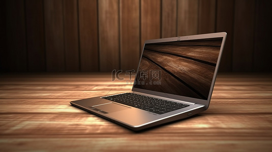 带笔记本电脑的木质表面的 3D 插图