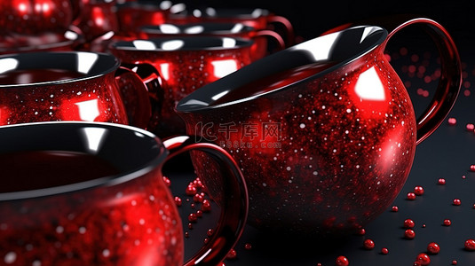 红牛奶背景图片_3d 呈现黑色背景中带有薄片的金属红色牛奶杯的特写