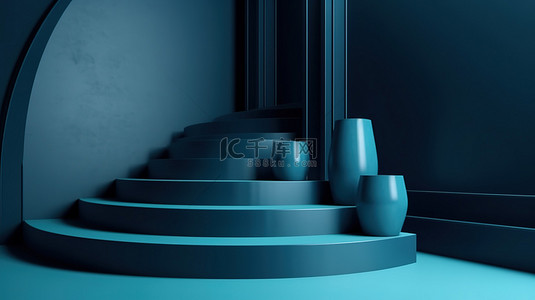 蓝色几何极简背景图片_极简主义 3d 渲染当代抽象背景与空墙时尚平台和经典蓝色空置基座