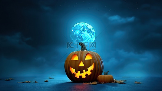 月光海背景图片_幽灵般的万圣节场景在星空蓝天 3D 插图上的大满月下照亮了南瓜灯
