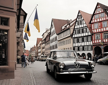 酷炫汽车特斯拉背景图片_汽车在传统的德国城镇广场