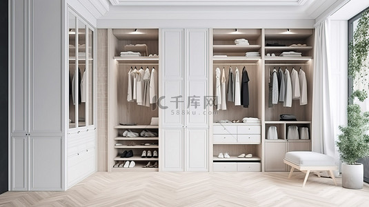 现代斯堪的纳维亚步入式衣柜，白色木饰面和 3D 渲染衣柜