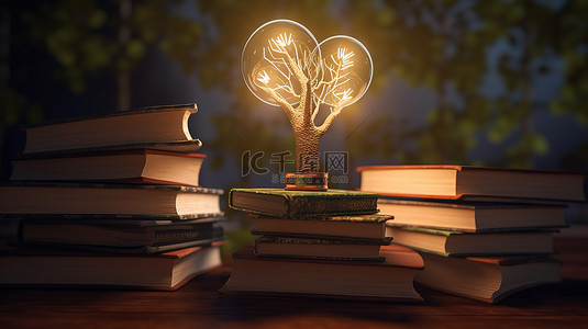 技能提升背景图片_从一堆书本中发芽的发光知识树代表了职业发展
