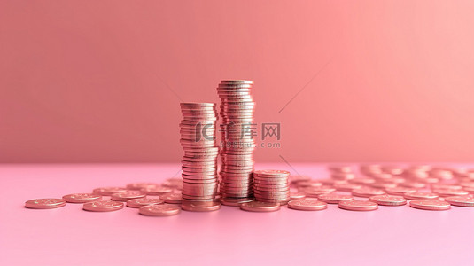 粉红色背景，硬币从硬币堆中倾泻而下，通过 3D 渲染描绘有利可图的商业投资和省钱策略