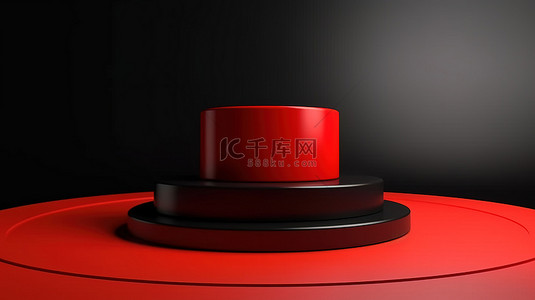 舞台背景聚光灯背景图片_黑色和红色圆柱体讲台舞台的 3D 渲染背景