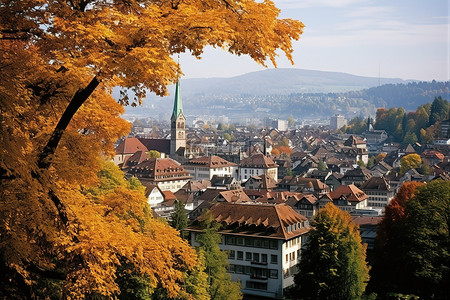 瑞士老城前的秋天树木