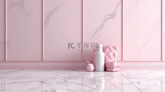 大理石地板和粉红色墙壁上装满牛奶的婴儿奶瓶的 3D 渲染