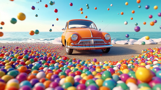 海边梦想 3D 渲染彩色球环绕汽车和冲浪板