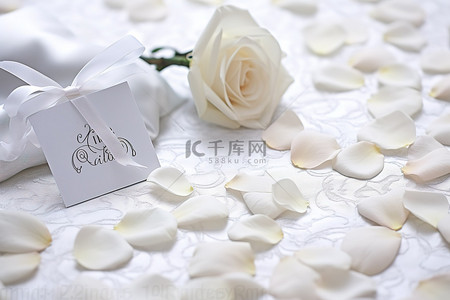 婚礼日期在白色桌布上，床上铺着玫瑰花瓣