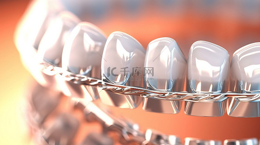 选择性聚焦 3D 渲染特写正畸牙套，实现美丽健康的牙齿