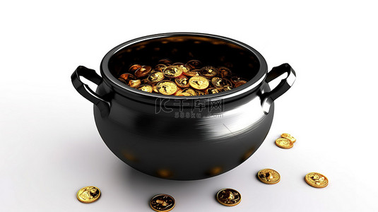 白色背景 3D 渲染图像上的铁锅中溢出的金币