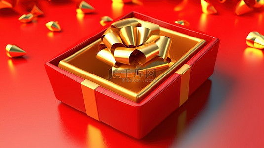 金丝带装饰红色礼盒，用于纪念生日周年纪念日圣诞节和新年的 3D 渲染