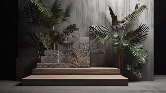 水泥墙背景上带有热带棕榈树的混凝土和木质讲台 3D 渲染概念显示