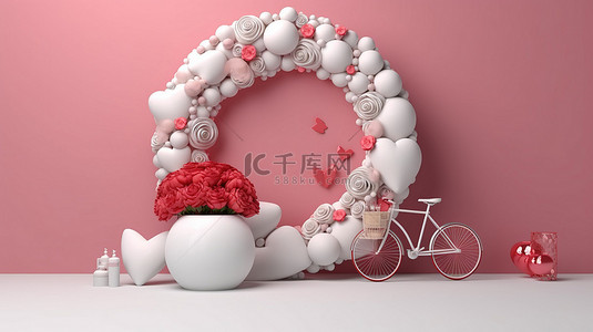 情人节花环，心形气球玫瑰和白色圆形设计 3d 渲染