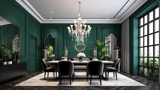 生活绿色背景图片_现代餐厅和绿色客厅的豪华装饰 3D 渲染