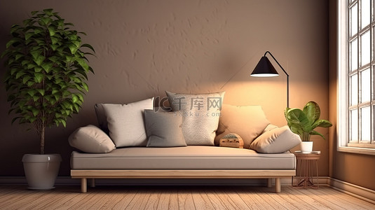 场景植物背景图片_木质风格窗户场景，配有沙发框架枕头灯和植物 3D 渲染