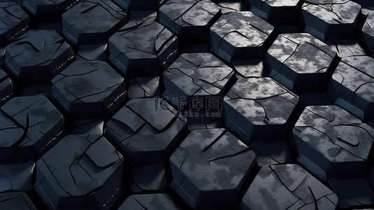 黑色岩石背景图片_黑色岩石纹理背景六角形铺路石地板的 3D 渲染插图