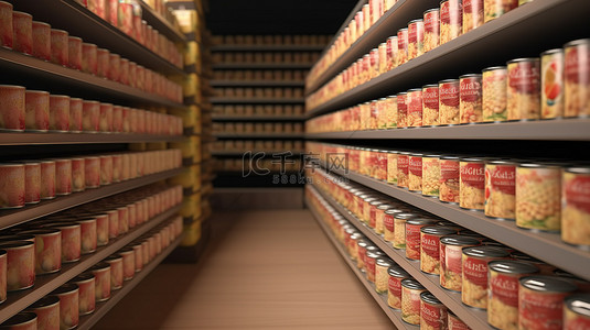 带罐头食品的 3d 渲染超市货架
