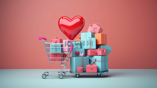 超市情人节背景图片_3D 渲染购物车，里面装满折扣礼品盒和心形手推车