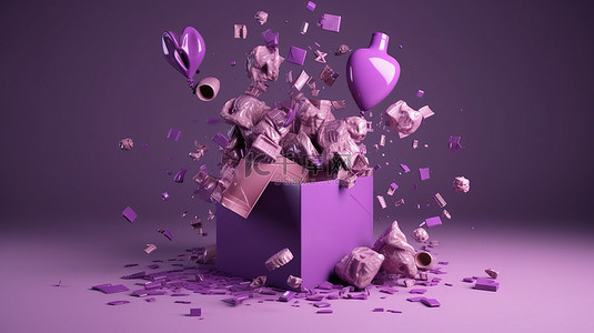 包中背景图片_爆炸物从 3D 紫色惊喜礼品盒中出现，带有问候运气和特别优惠渲染插图