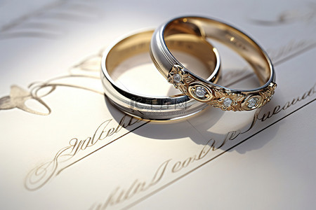 结婚请柬背景图片_结婚簿上有两枚带有结婚请柬的戒指
