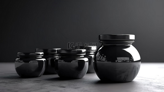 空的 buzany 杯子和未覆盖的黑色玻璃罐的 3D 渲染