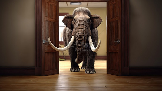 沙漠探险背景图片_猛犸象从敞开的门口进入的 3D 渲染